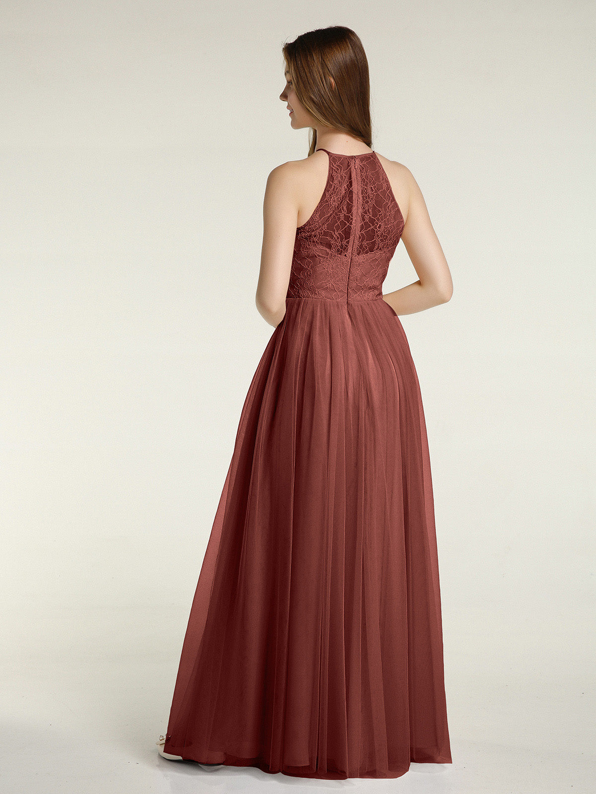Lace Bodice and Tulle Skirt Long Dresses-Terracotta